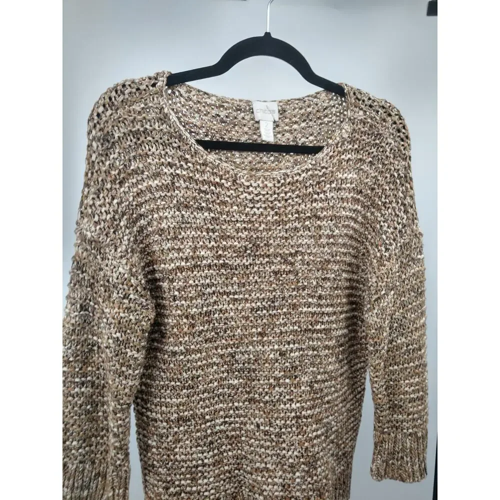 Chico's Sweater 2 L Textured Sherri Pullover‎ Marled Knit 3/4 Sleeve Neutral